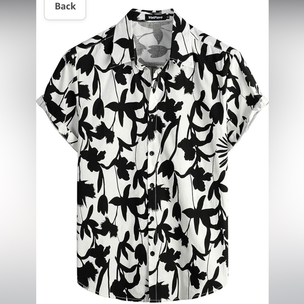 Mens 100% Cotton Hawaiian Black and White Floral Short Sleeve Button Down Size M